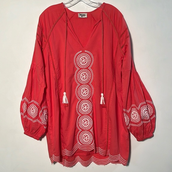 SHOW ME YOUR MUMU Claudine Embroidered Coral Poet SLV V-Neck Tie Tunic Dress S - Picture 2 of 16